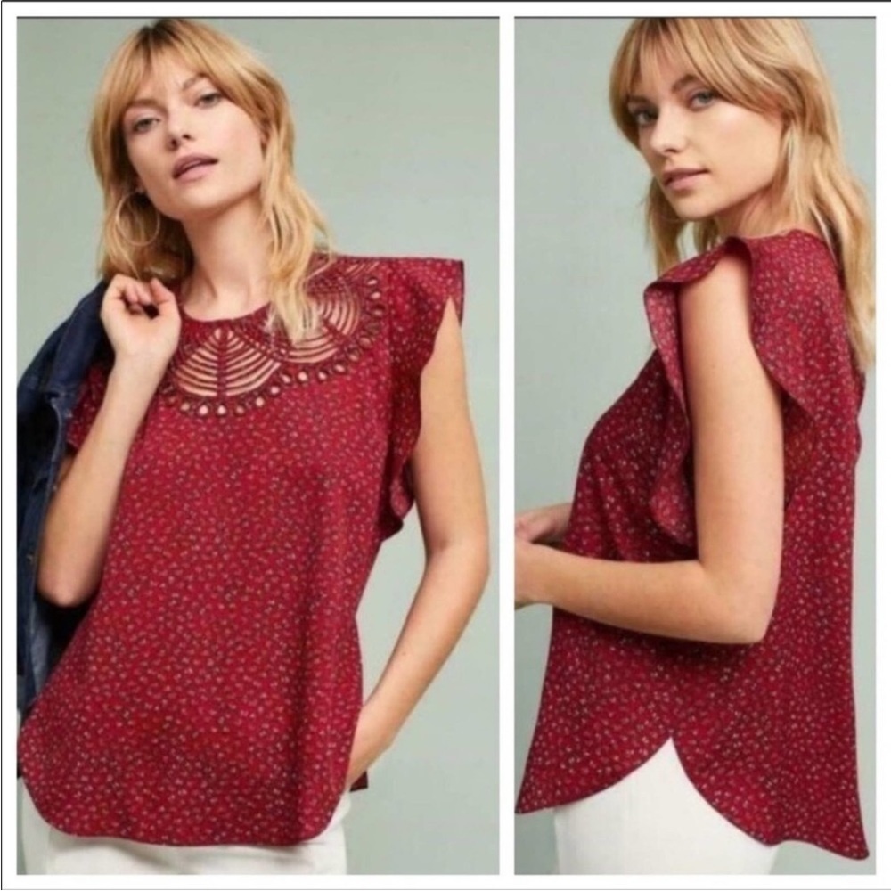 Anthropologie Ranna Gill Markie Cutout Blouse Red Floral